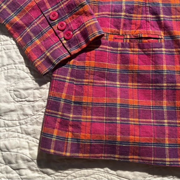 Vintage Adolfo Studio pink/orange/purple plaid linen blend longline blazer - 8 - Picture 3 of 6